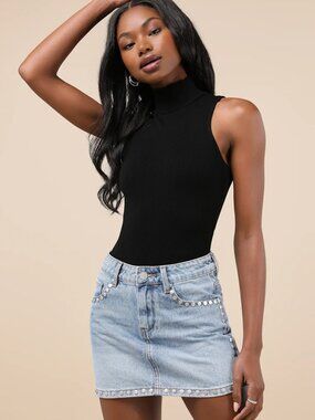 Edgy Sweetness Light Wash Denim Studded Mini Skirt